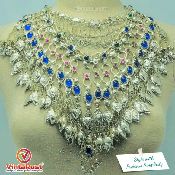 Gypsy Silver Kuchi Massive Choker Necklace With Blue Glass Stones, - Picture 4 of 7